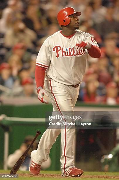 Ryan Howard of the Philadelphia Phillies hits a home run during a baseball game against the Washington Nationals on May 21, 2008 at Nationals Park in...