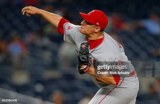 David Hernandez of the Los Angeles Angels of Anaheim in action against the New York Yankees during a game at Yankee Stadium on June 22, 2017 in the...
