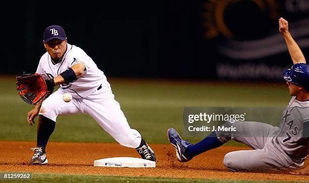 Second baseman Akinori Iwamura of the Tampa Bay Rays takes the throw at second base as outfielder David Murphy of the Texas Rangers slides in safely...