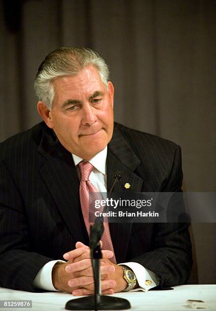 ExxonMobil Chairman Rex Tillerson speaks at a press conference after the ExxonMobil annual shareholders meeting at the Morton H. Meyerson Symphony...