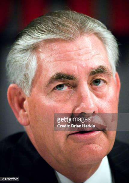 ExxonMobil Chairman Rex Tillerson speaks at a press conference after the ExxonMobil annual shareholders meeting at the Morton H. Meyerson Symphony...