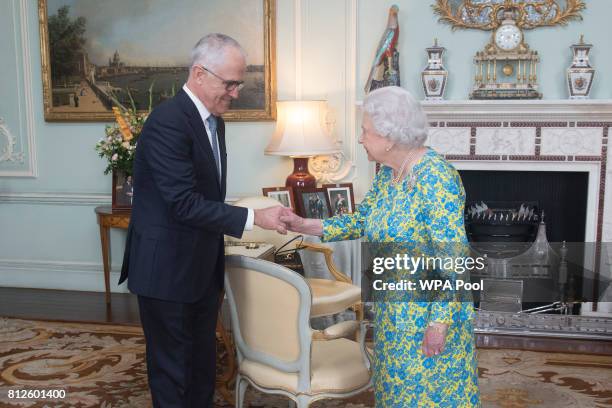 Queen Elizabeth II meets with the Prime Minister of Australia Malcolm Turnbull during an audience at Buckingham Palace on July 11, 2017 in London,...