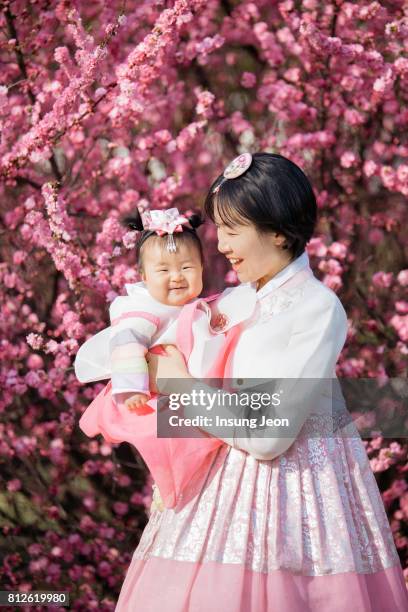 mother having fun with her baby - hanbok stockfoto's en -beelden