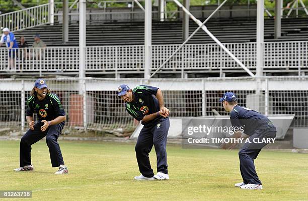 Australia cricket team players Andrew Symonds, Ricky Ponting and Michael Clarke during practice at the Antigua Recreation Grounds May 28 , 2008 as...