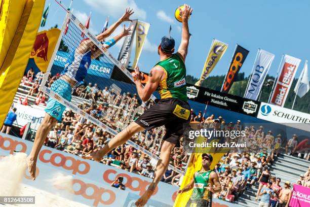 Alison Conte Cerutti of Brazil spikes the ball during the third stage of the Swatch Beach Volleyball Major Series 2017 on July 8, 2017 in Gstaad,...