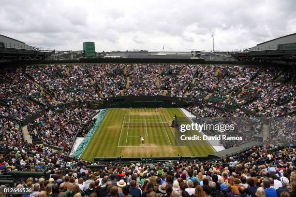 General view of court one during the Ladies Singles quarter final match between Garbine Muguruza of Spain and Svetlana Kuznetsova of Russia on day...