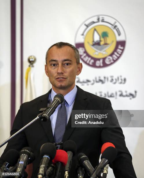 Special Coordinator for the Middle East Peace Process, Nikolay Mladenov speaks during a joint press conference with the head of Qatar's National...