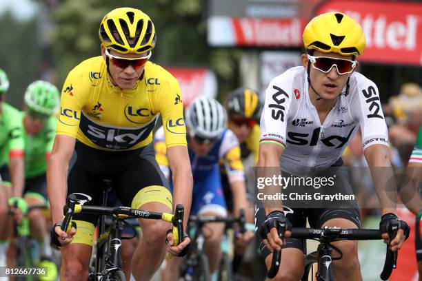 Christopher Froome of Great Britain riding for Team Sky in the leader's jersey crosses the finish line during stage 10 of the 2017 Le Tour de France,...