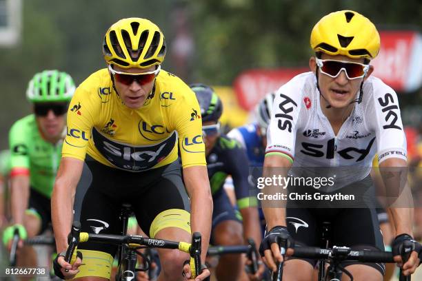 Christopher Froome of Great Britain riding for Team Sky in the leader's jersey crosses the finish line during stage 10 of the 2017 Le Tour de France,...