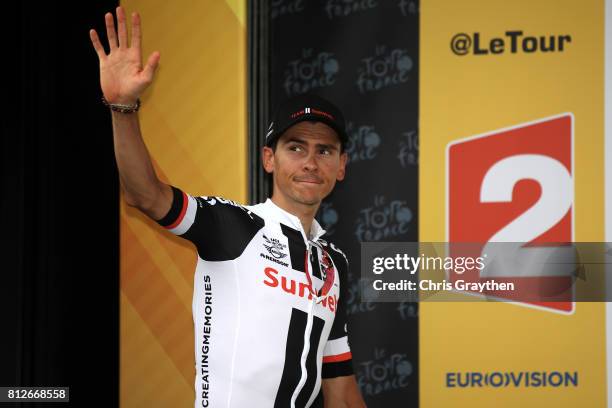 Warren Barguil of France riding for Team Sunweb poses for a photo on the podium in the king of the mountains jersey following stage 10 of the 2017 Le...