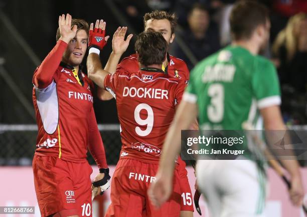 Cedric Charlier of Belgium celebrates scoring their teams second goal with teammates of Belgium during day 2 of the FIH Hockey World League Semi...
