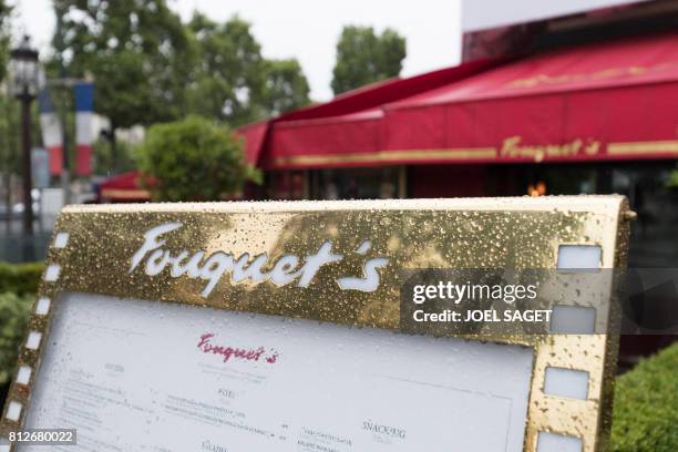 The Fouquet's logo is displayed at the entrance of the newly-renovated Barriere Le Fouquet's Hotel and historic brasserie, on the Champs-Elysees...