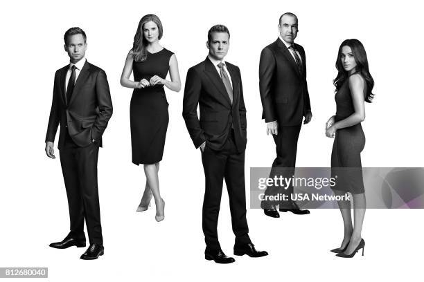 Pictured: Patrick J. Adams as Mike Ross, Sarah Rafferty as Donna Paulsen, Gabriel Macht as Harvey Specter, Rick Hoffman as Louis Litt, Meghan Markle...