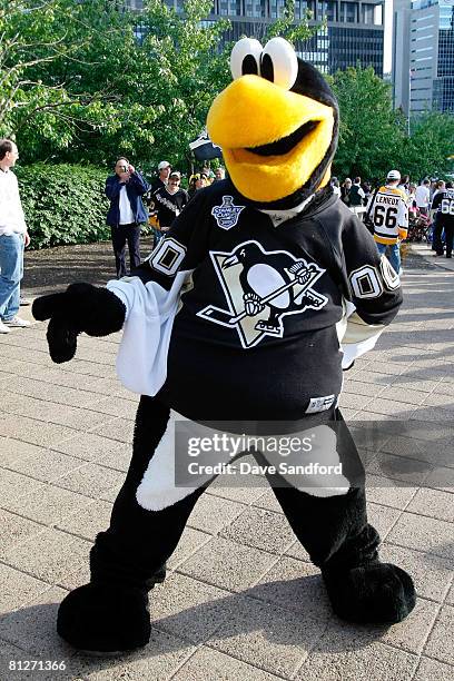 Pittsburgh Penguin's mascot "Iceburgh" preforms outside of Mellon Arena before game three of the 2008 NHL Stanley Cup Finals against the Detroit Red...