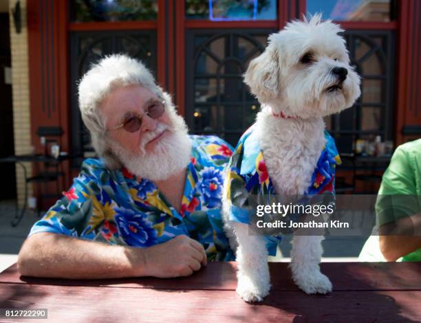 senior man with look alike dog. - depictions stockfoto's en -beelden