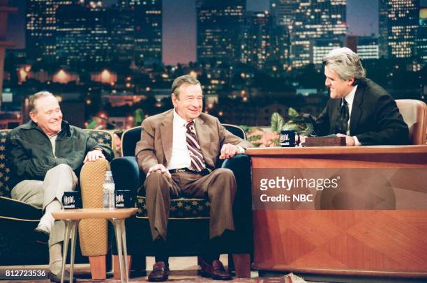 Pictured: Actors Jack Lemmon and Walter Matthau during an interview with host Jay Leno on April 7, 1998 --