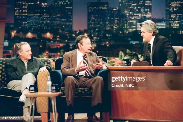 Pictured: Actors Jack Lemmon and Walter Matthau during an interview with host Jay Leno on April 7, 1998 --