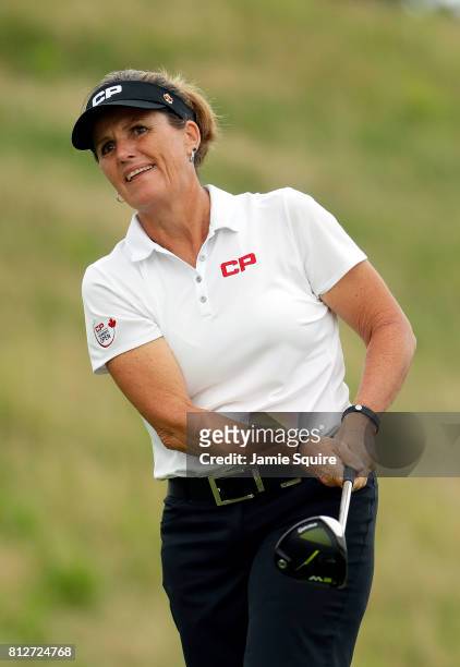 Lorie Kane of Canada hits her 1st shot on the 1st hole during the second round of the Senior LPGA Championship on July 11, 2017 at French Lick Resort...