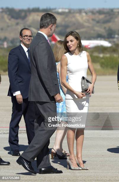 King Felipe VI of Spain and Queen Letizia of Spain depart from Barajas Airport for an official visit to United Kingdom on July 11, 2017 in Madrid,...