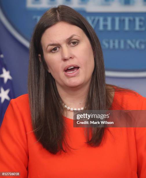 White House Deputy Press Secretary Sarah Huckabee Sanders speaks during the press briefing on July 11, 2017 in Washington, DC. Sanders fielded...