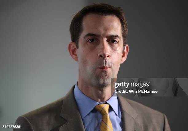 Sen. Tom Cotton arrives for a closed committee meeting July 11, 2017 in Washington, DC. Ranking member of the committee, Sen. Mark Warner , commented...