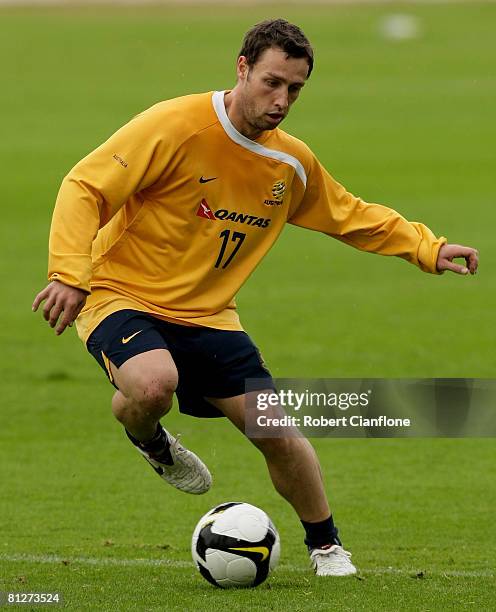 Scott McDonald of Australia keeps control of the ball during a Socceroos training session held at Ballymore May 29, 2008 in Brisbane, Australia.