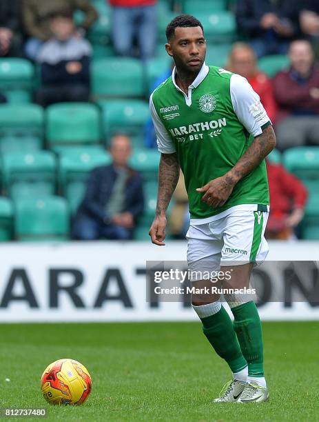 Jermaine Pennant of Hibernian in action during the pre season friendly between Hibernian and Sunderland at Easter Road on July 9, 2017 in Edinburgh,...