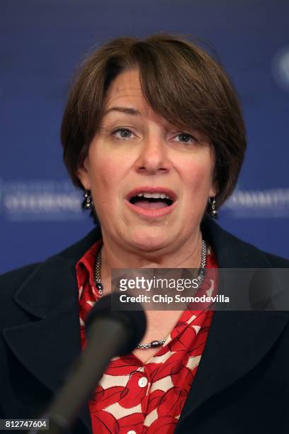 Sen. Amy Klobuchar speaks during a news conference about resisting the Trump Administration's Presidential Advisory Commission on Election Integrity...