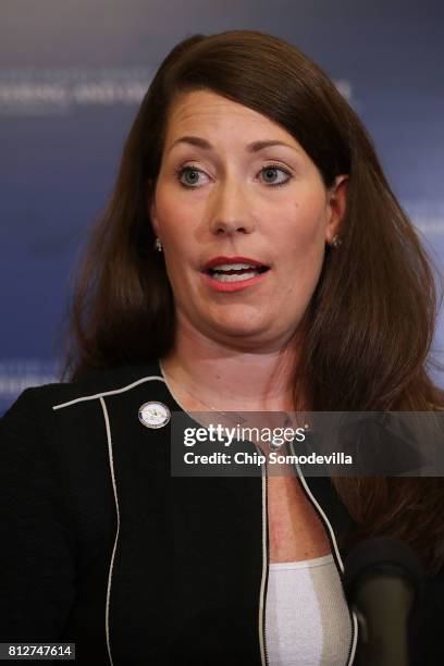 Kentucky Secretary of State Alison Grimes speaks during a news conference about resisting the Trump Administration's Presidential Advisory Commission...