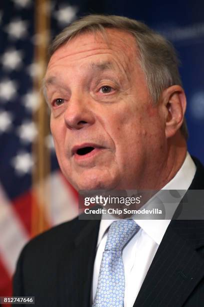 Senate Minority Whip Richard Durbin speaks during a news conference about resisting the Trump Administration's Presidential Advisory Commission on...