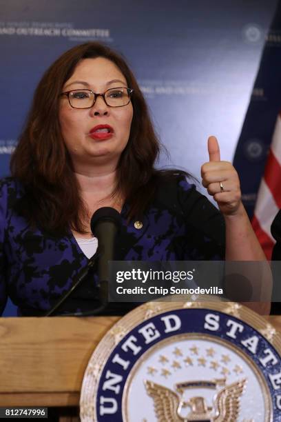 Sen. Tammy Duckworth speaks during a news conference about resisting the Trump Administration's Presidential Advisory Commission on Election...