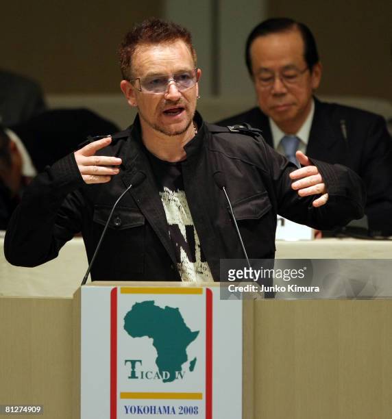 Bono of U2 delivers a speech during the Tokyo International Conference on African Development IV at Pacifico Yokohama on May 29, 2008 in Yokohama,...