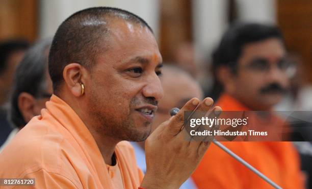 Uttar Pradesh Chief Minister Yogi Adityanath addressing press conference after the presentation of first annual budget for 2017-18 the BJP government...