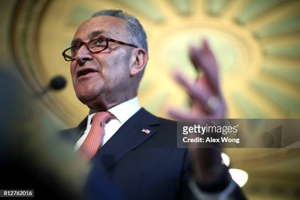 Senate Minority Leader Sen. Charles Schumer speaks during a news briefing after the weekly Senate Democratic Policy Luncheon July 11, 2017 at the...