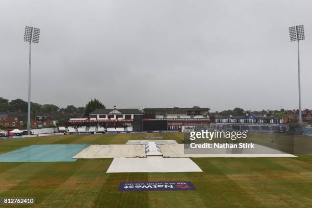 General view of the County Ground with the covers on before the NatWest T20 Blast match against Northamptonshire Steelbacks and Yorkshire Vikings on...