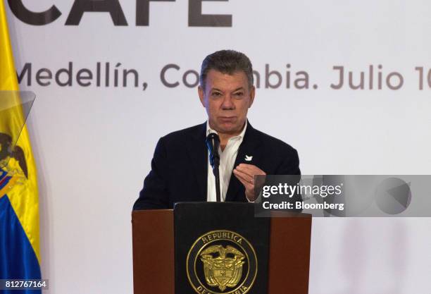 Juan Manuel Santos, Colombia's president, pauses while speaking during the World Coffee Producers Forum in Medellin, Colombia, on Tuesday, July 11,...