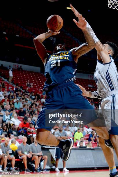 Joel Bolomboy of the Utah Jazz goes to the basket against the Memphis Grizzlies on July 11, 2017 at the Thomas & Mack Center in Las Vegas, Nevada....