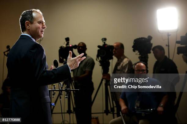 House Intelligence Committee ranking member Rep. Adam Schiff speaks to reporters about the recent disclosure of a meeting between Donald Trump, Jr....