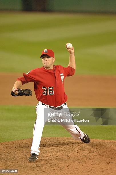 Charlie Manning of the Washington Nationals pitches during a baseball game against the Milwaukee Brewers on May 24, 2008 at Nationals Park in...