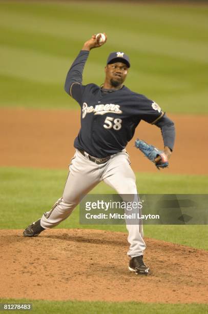 Guillermo Mota of the Milwaukee Brewers pitches during a baseball game against the Washington Nationals on May 24, 2008 at Nationals Park in...