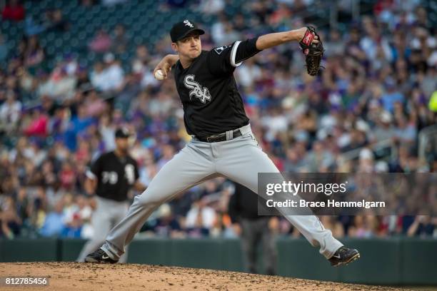 Jake Petricka of the Chicago White Sox pitches against the Minnesota Twins on June 20, 2017 at Target Field in Minneapolis, Minnesota. The Twins...