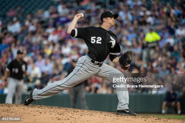 Jake Petricka of the Chicago White Sox pitches against the Minnesota Twins on June 20, 2017 at Target Field in Minneapolis, Minnesota. The Twins...