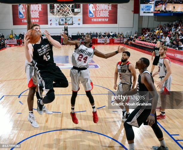 Shayne Whittington of the San Antonio Spurs goes for a lay up against the Portland Trail Blazers during the 2017 Summer League on July 11, 2017 at...