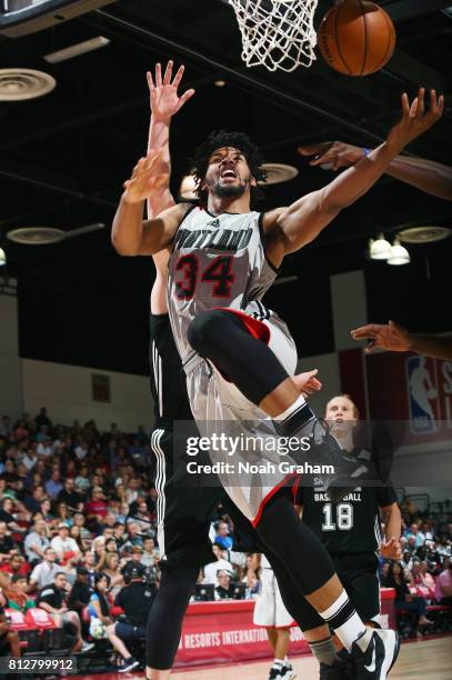 Keith Benson of the Portland Trail Blazers shoots a lay up against the San Antonio Spurs during the 2017 Summer League on July 11, 2017 at the Cox...