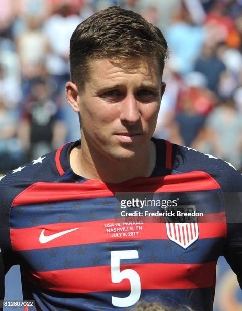 Matt Besler of USA stands for the anthem prior to a CONCACAF Gold Cup Soccer match against Panama at Nissan Stadium on July 8, 2017 in Nashville,...