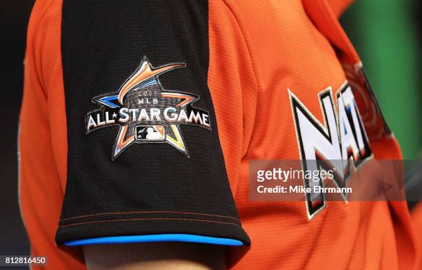 Detail of the 2017 MLB All-Star Game logo on a jersey during batting practice for the 88th MLB All-Star Game at Marlins Park on July 11, 2017 in...