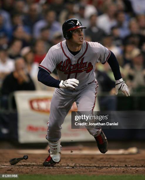 Mark Teixeira of the Atlanta Braves runs after hitting a three-run home run in the 5th inning against the Milwaukee Brewers on May 29, 2008 at Miller...