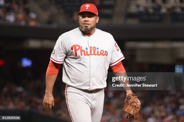 Joaquin Benoit of the Philadelphia Phillies in action against the Arizona Diamondbacks at Chase Field on June 23, 2017 in Phoenix, Arizona. The...