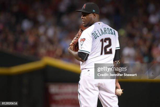 Rubby De La Rosa of the Arizona Diamondbacks prepares to deliver a pitch in the game against the Philadelphia Phillies at Chase Field on June 23,...