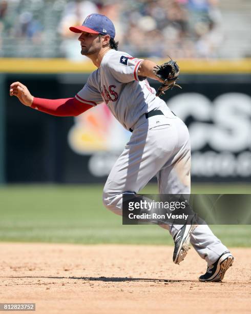 Pete Kozma of the Texas Rangers fields against the Chicago White Sox on July 2, 2017 at Guaranteed Rate Field in Chicago, Illinois. The White Sox...